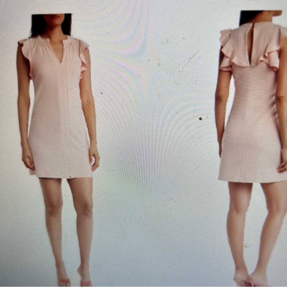 Beautiful Split neck ruffle scuba crepe dress by Vince Canute in blush, Sz 14